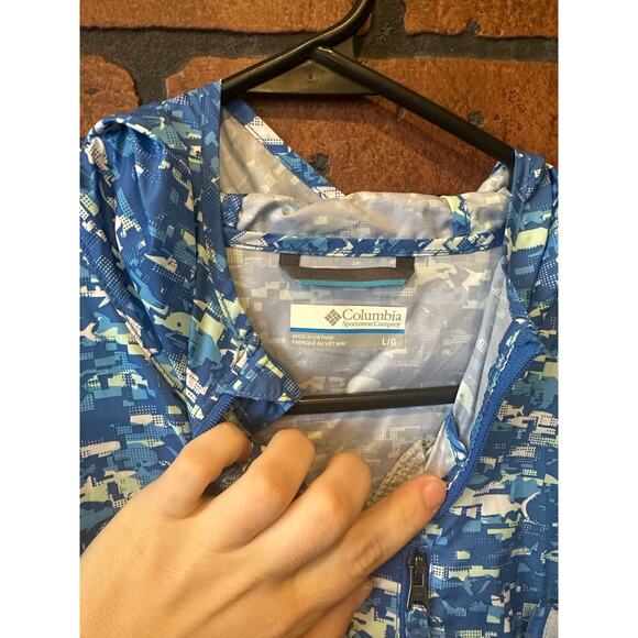 COLUMBIA BLUE WINDBREAKER MENS Large PFG ZIP UP JACKET PRINTED PATTERN GEOMETRIC - Picture 5 of 16